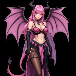 A realistic, sexy gothic anime succubus girl featuring majestic wings, prominent horns, and a flowing tail