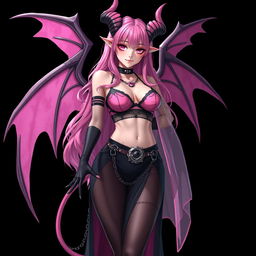 A realistic, sexy gothic anime succubus girl featuring majestic wings, prominent horns, and a flowing tail