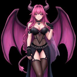 A realistic, sexy gothic anime succubus girl featuring majestic wings, prominent horns, and a flowing tail