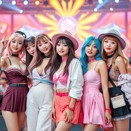 A group of young women styled as members of a Korean girl band, each one displaying unique and fashionable outfits typical of K-pop fashion