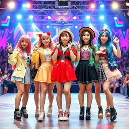 A group of young women styled as members of a Korean girl band, each one displaying unique and fashionable outfits typical of K-pop fashion