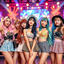 A group of young women styled as members of a Korean girl band, each one displaying unique and fashionable outfits typical of K-pop fashion