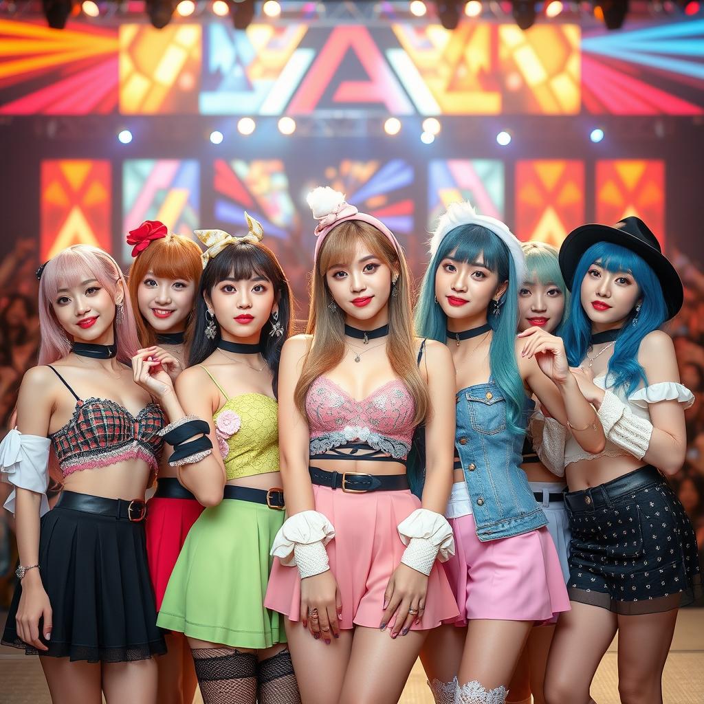A group of young women styled as members of a Korean girl band, each one displaying unique and fashionable outfits typical of K-pop fashion