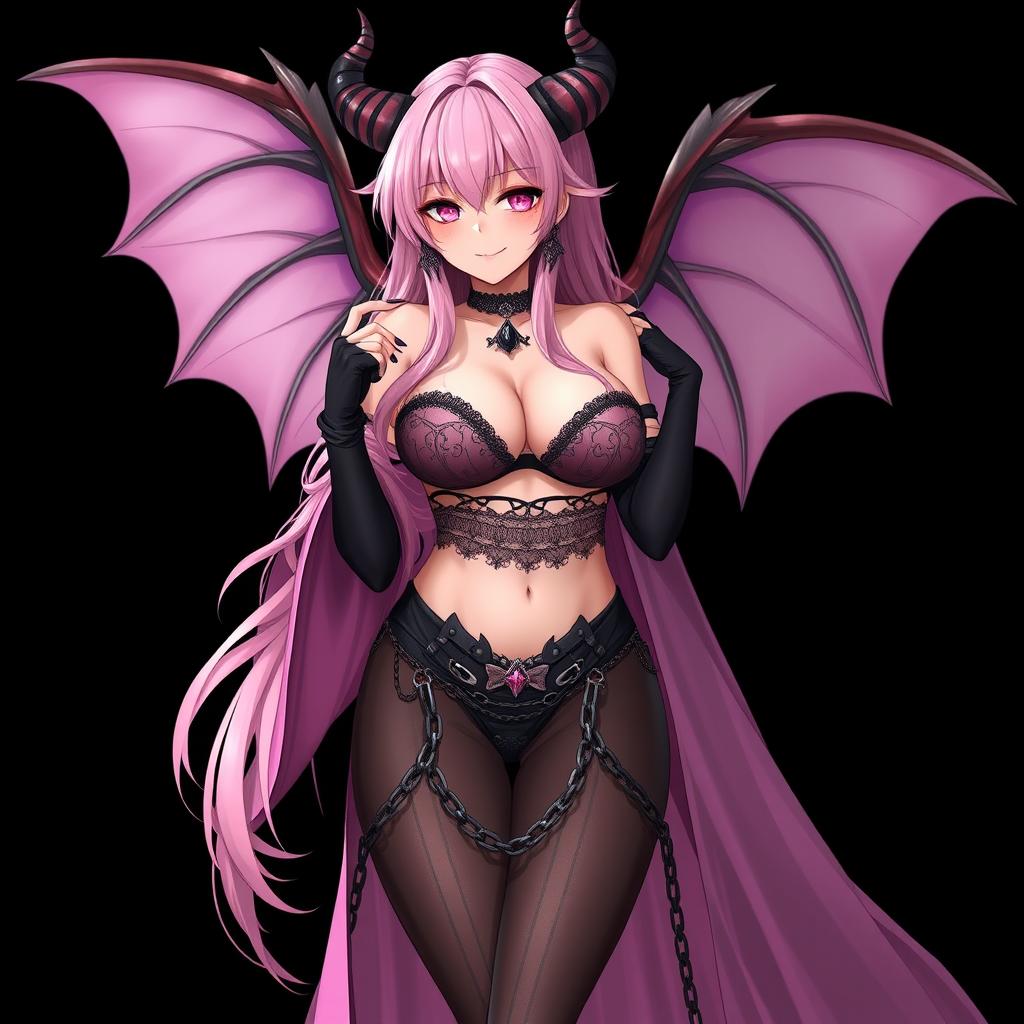 A realistic, sexy gothic anime succubus girl featuring impressive wings, ornate horns, and a flowing tail