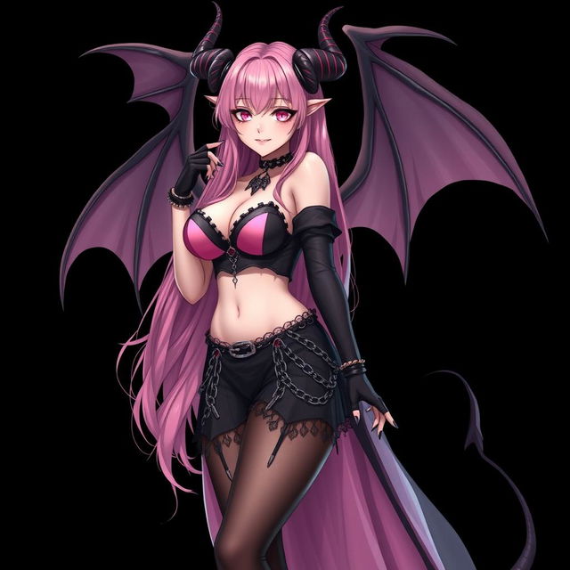 A realistic, sexy gothic anime succubus girl featuring impressive wings, ornate horns, and a flowing tail