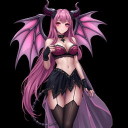 A realistic, sexy gothic anime succubus girl featuring impressive wings, ornate horns, and a flowing tail