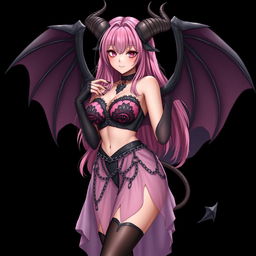 A realistic, sexy gothic anime succubus girl featuring impressive wings, ornate horns, and a flowing tail