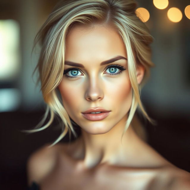 A captivating portrait of a stunning blonde-haired woman with striking blue eyes, showcasing her confident expression and alluring features