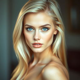 A captivating portrait of a stunning blonde-haired woman with striking blue eyes, showcasing her confident expression and alluring features