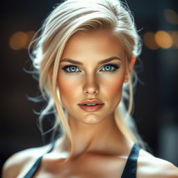 A captivating portrait of a stunning blonde-haired woman with striking blue eyes, showcasing her confident expression and alluring features