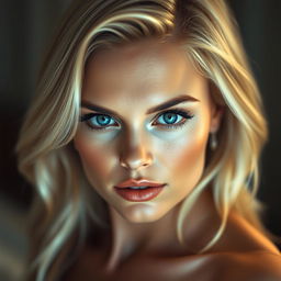 A captivating portrait of a stunning blonde-haired woman with striking blue eyes, showcasing her confident expression and alluring features
