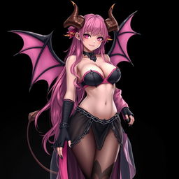 A realistic, sexy gothic anime succubus girl with elegant wings, prominent horns, and a flowing tail