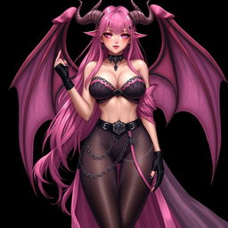 A realistic, sexy gothic anime succubus girl with elegant wings, prominent horns, and a flowing tail