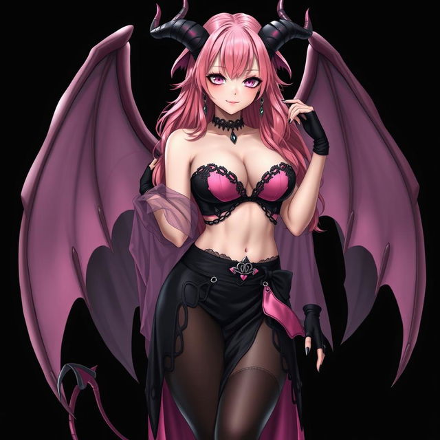 A realistic, sexy gothic anime succubus girl with elegant wings, prominent horns, and a flowing tail