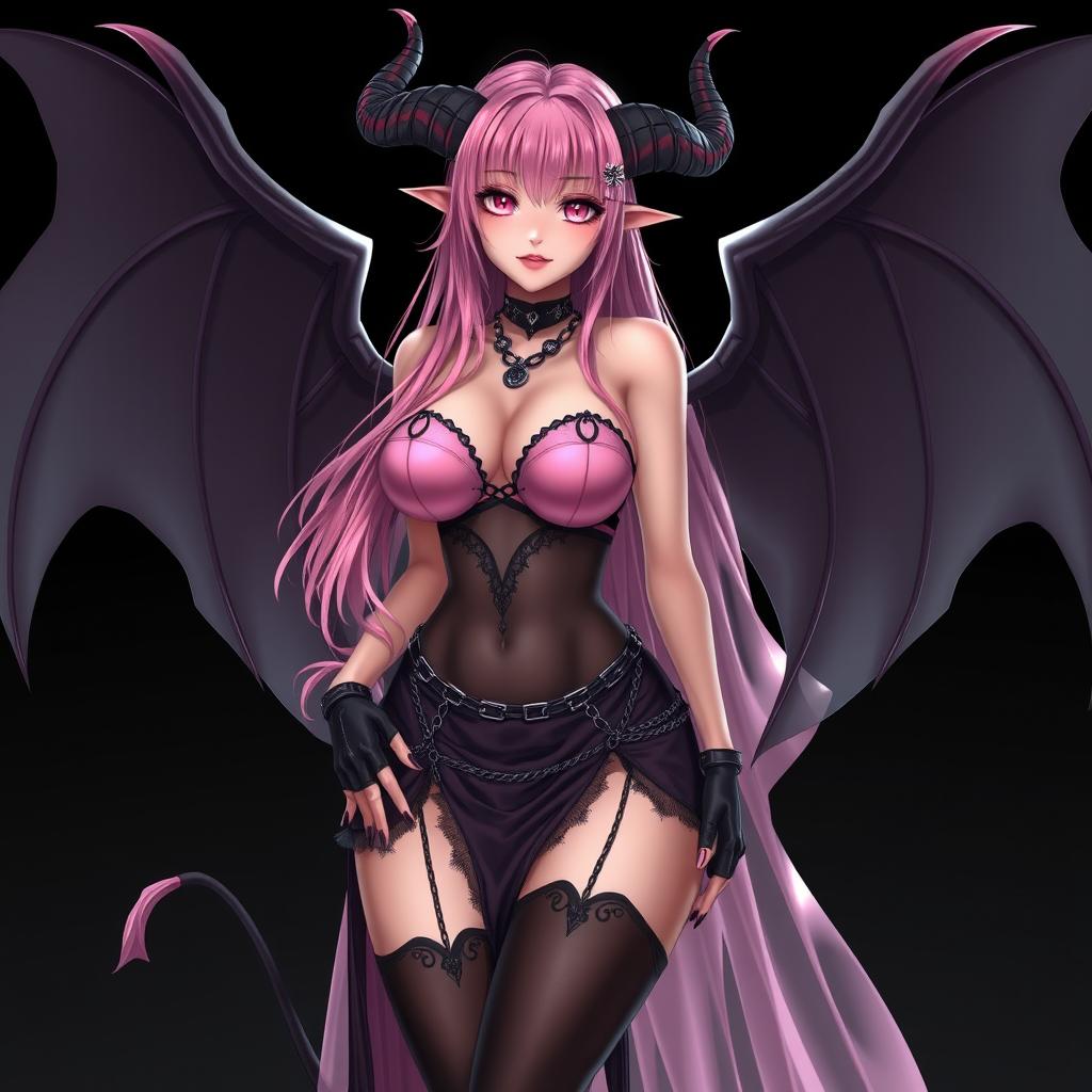 A realistic, sexy gothic anime succubus girl with elegant wings, prominent horns, and a flowing tail