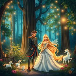 An enchanting scene inspired by a fairytale world, featuring a lush forest backdrop with tall, mystical trees and sparkling fairy lights
