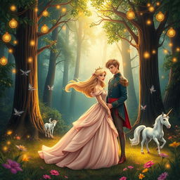 An enchanting scene inspired by a fairytale world, featuring a lush forest backdrop with tall, mystical trees and sparkling fairy lights