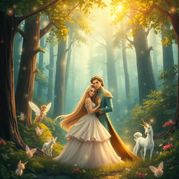 An enchanting scene inspired by a fairytale world, featuring a lush forest backdrop with tall, mystical trees and sparkling fairy lights