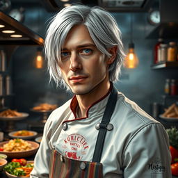 A hyper-realistic portrait of a male chef with silver hair, drawing inspiration from Kurt Cobain