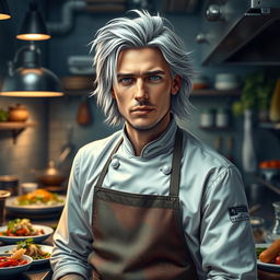 A hyper-realistic portrait of a male chef with silver hair, drawing inspiration from Kurt Cobain