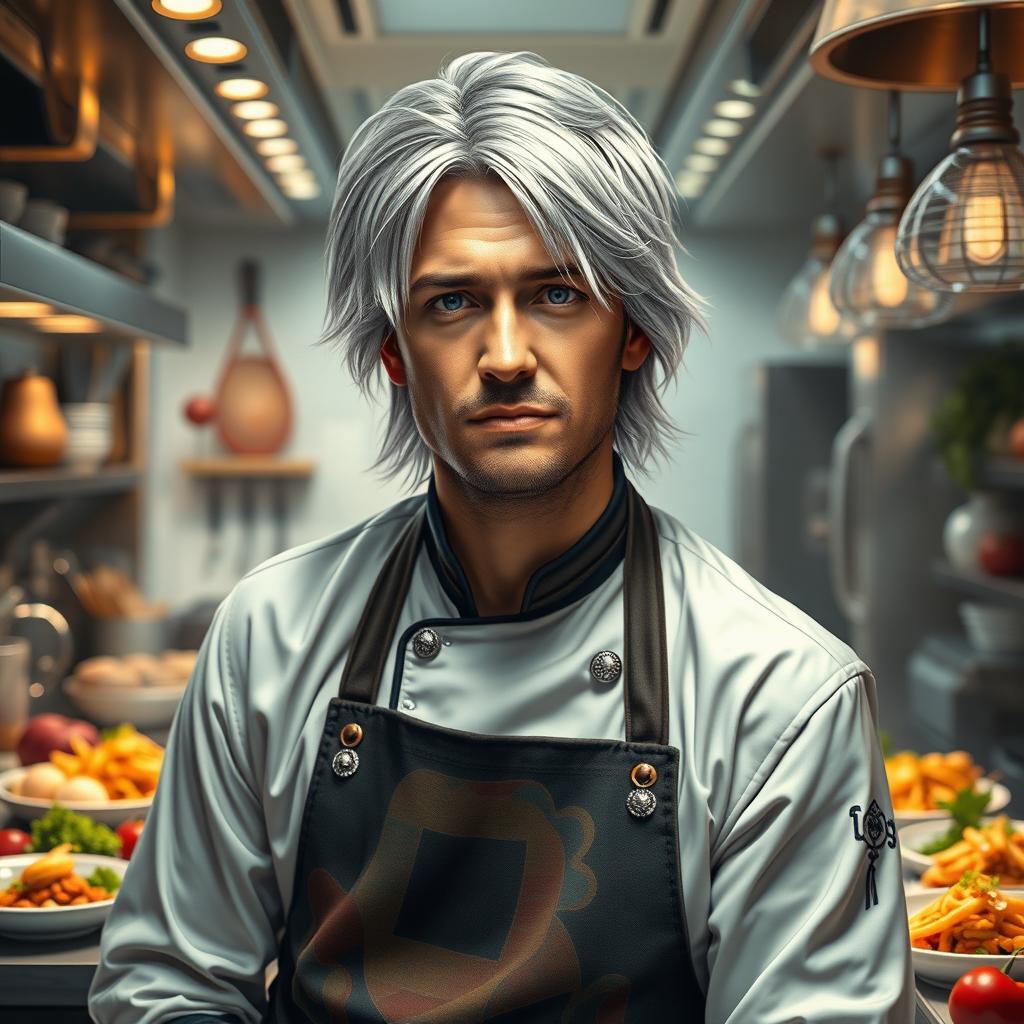 A hyper-realistic portrait of a male chef with silver hair, drawing inspiration from Kurt Cobain