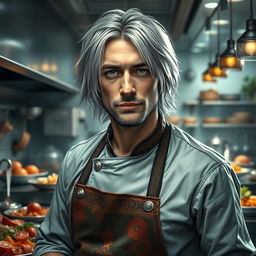 A hyper-realistic portrait of a male chef with silver hair, drawing inspiration from Kurt Cobain