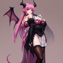 A realistic, sexy gothic anime succubus girl featuring striking wings, elegant horns, and a flowing tail