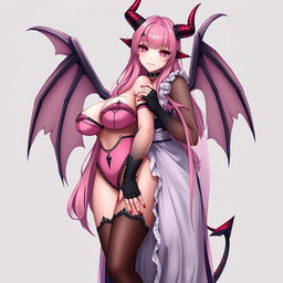 A realistic, sexy gothic anime succubus girl featuring striking wings, elegant horns, and a flowing tail