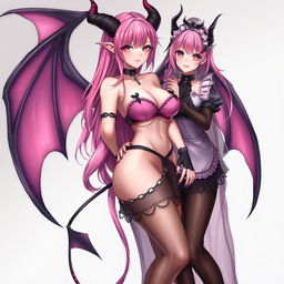 A realistic, sexy gothic anime succubus girl featuring striking wings, elegant horns, and a flowing tail