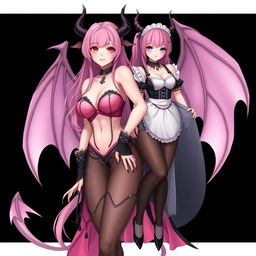 A realistic, sexy gothic anime succubus girl with majestic wings, elegant horns, and a flowing tail, showcasing a flustered subtle smile complemented by a gentle blush