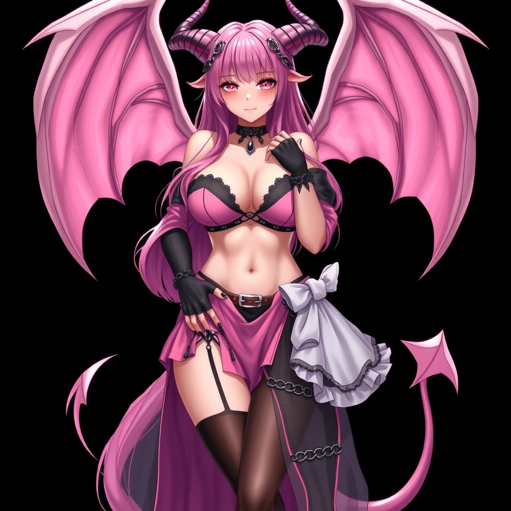 A realistic, sexy gothic anime succubus girl with majestic wings, elegant horns, and a flowing tail, showcasing a flustered subtle smile complemented by a gentle blush