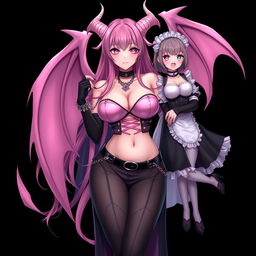 A realistic, sexy gothic anime succubus girl with majestic wings, elegant horns, and a flowing tail, showcasing a flustered subtle smile complemented by a gentle blush