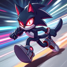 A dynamic and striking character design of a badass cat with glowing red eyes, embodying the traits of speed and agility, similar to Sonic the Hedgehog