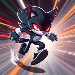 A dynamic and striking character design of a badass cat with glowing red eyes, embodying the traits of speed and agility, similar to Sonic the Hedgehog