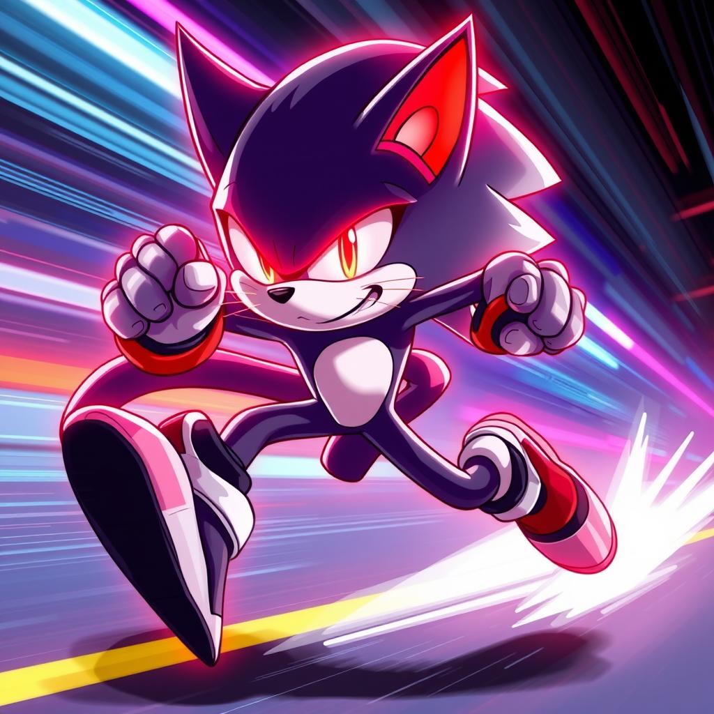 A dynamic and striking character design of a badass cat with glowing red eyes, embodying the traits of speed and agility, similar to Sonic the Hedgehog