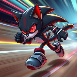 A dynamic and striking character design of a badass cat with glowing red eyes, embodying the traits of speed and agility, similar to Sonic the Hedgehog
