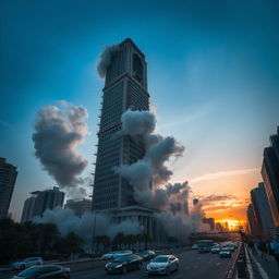 A dramatic scene of a towering skyscraper undergoing a controlled demolition, with large clouds of dust and debris filling the air, pieces of the building cracking and falling away, conveying a sense of power and destruction