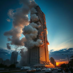 A dramatic scene of a towering skyscraper undergoing a controlled demolition, with large clouds of dust and debris filling the air, pieces of the building cracking and falling away, conveying a sense of power and destruction