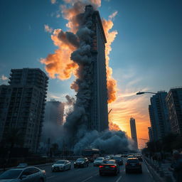 A dramatic scene of a towering skyscraper undergoing a controlled demolition, with large clouds of dust and debris filling the air, pieces of the building cracking and falling away, conveying a sense of power and destruction