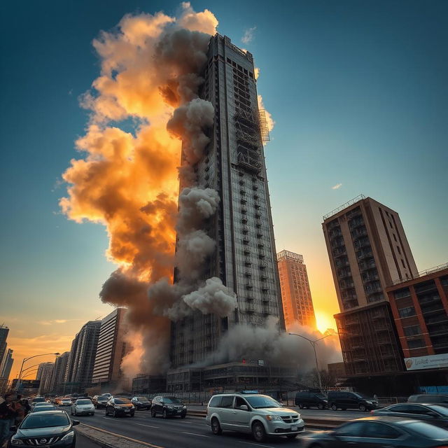 A dramatic scene of a towering skyscraper undergoing a controlled demolition, with large clouds of dust and debris filling the air, pieces of the building cracking and falling away, conveying a sense of power and destruction
