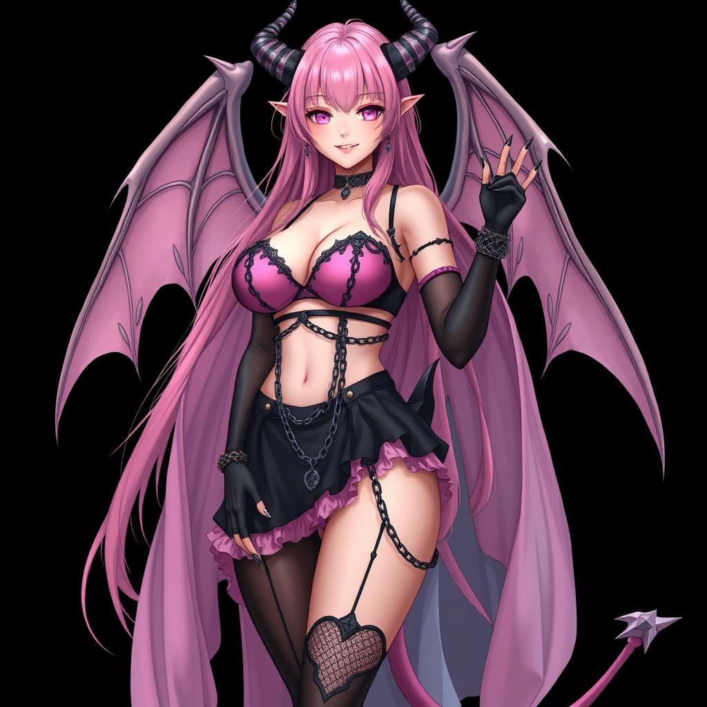 A realistic, sexy gothic anime succubus girl featuring majestic wings, elegant horns, and a flowing tail