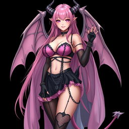 A realistic, sexy gothic anime succubus girl featuring majestic wings, elegant horns, and a flowing tail