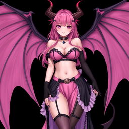A realistic, sexy gothic anime succubus girl featuring majestic wings, elegant horns, and a flowing tail