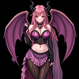 A realistic, sexy gothic anime succubus girl featuring majestic wings, elegant horns, and a flowing tail