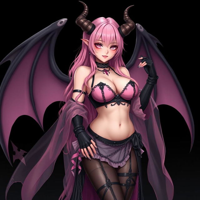 A realistic, sexy gothic anime succubus girl featuring majestic wings, elegant horns, and a flowing tail