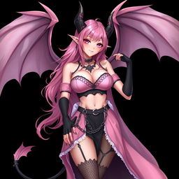 A realistic, sexy gothic anime succubus girl featuring majestic wings, elegant horns, and a flowing tail