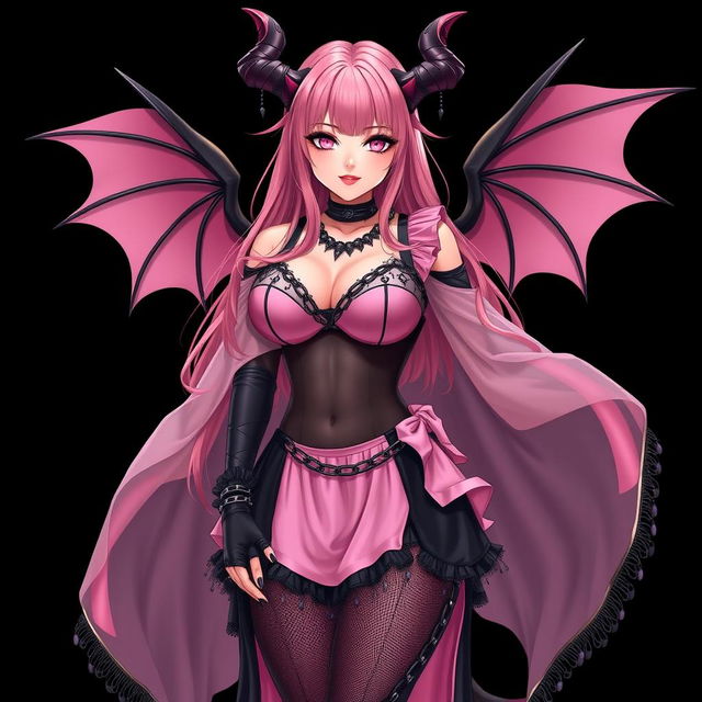 A realistic, sexy gothic anime succubus girl featuring majestic wings, elegant horns, and a flowing tail