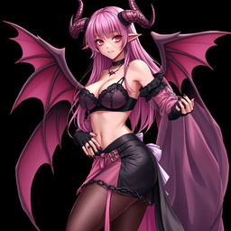 A realistic, sexy gothic anime succubus girl featuring majestic wings, elegant horns, and a flowing tail