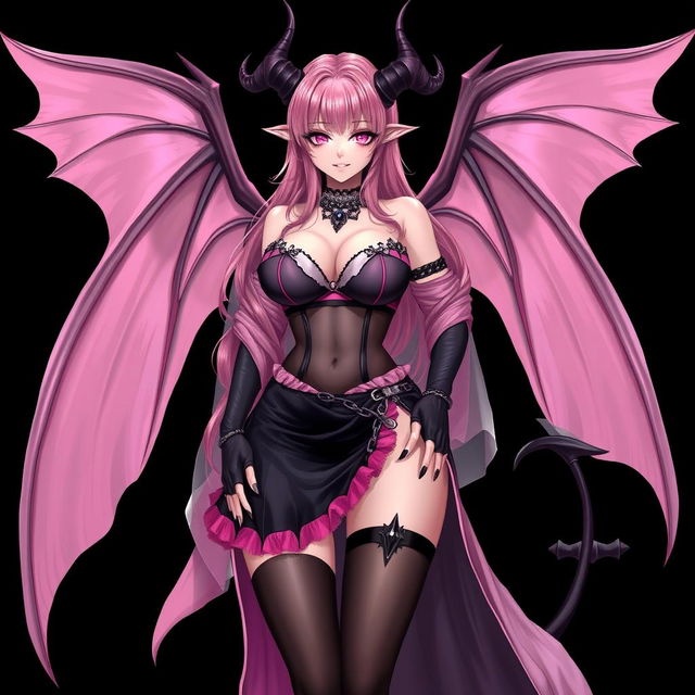 A realistic, sexy, dominant gothic anime succubus girl exhibiting a confident presence, complete with majestic wings, elegant horns, and a flowing tail