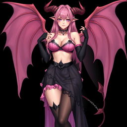 A realistic, sexy, dominant gothic anime succubus girl exhibiting a confident presence, complete with majestic wings, elegant horns, and a flowing tail